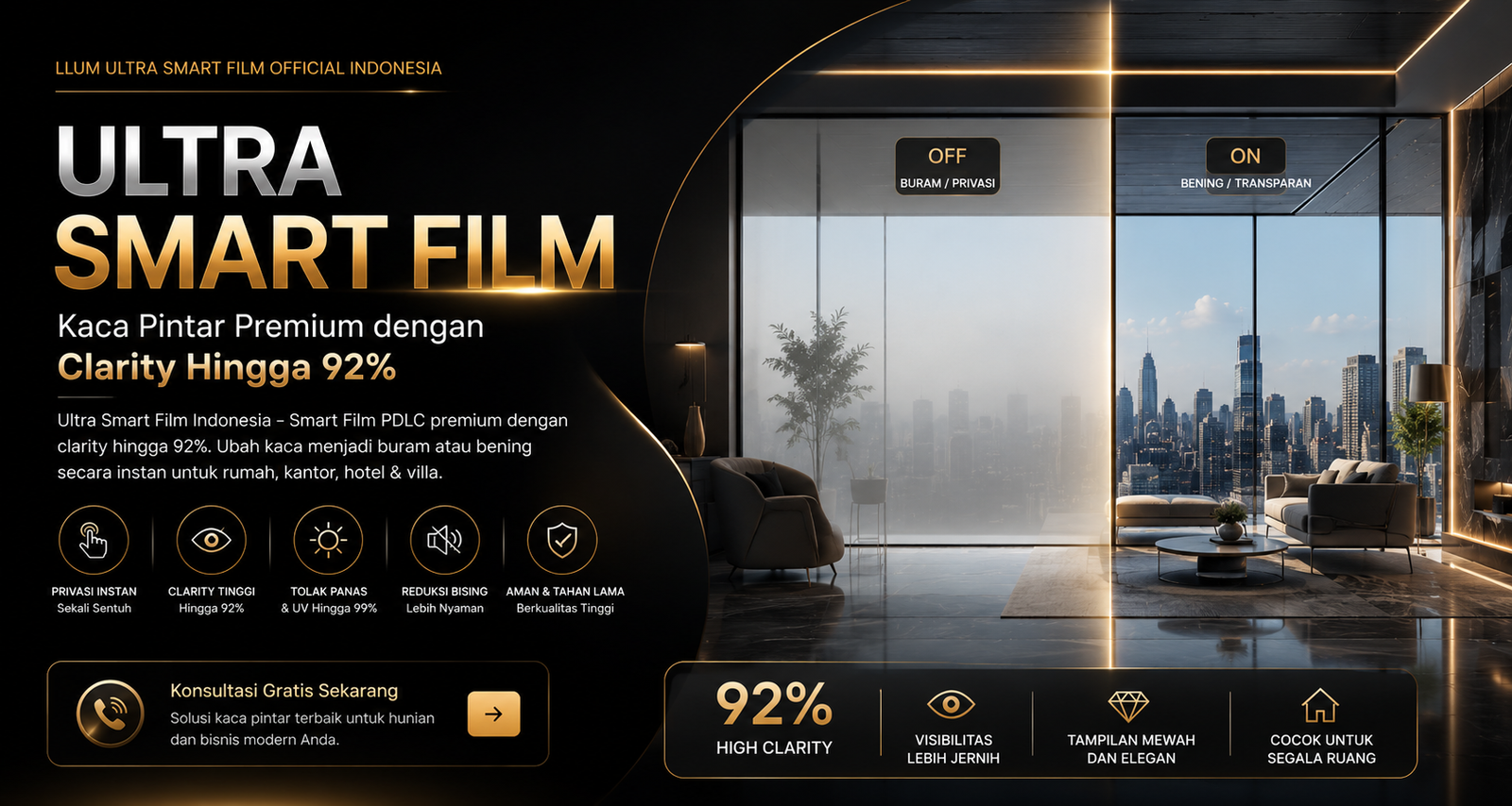 Instalasi Smart Film PDLC – Partisi Ruang Kantor